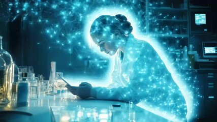 Poster - Network of connections revealed as a scientist explores data in a modern laboratory, network of connections over caucasian female scientist working in lab