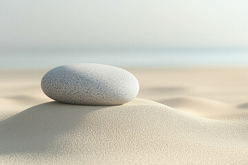 Poster - A smooth, grey stone rests gently on a dune of soft, pale sand near the ocean.