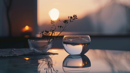 Poster - Elegant Glass Bowls Reflecting Warm Sunset Hues With Delicate Branches Resting in Calm Water for a Serene Evening Ambience