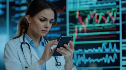 Poster - Caucasian female doctor analyzing stock market charts while using smartphone in modern office environment, stock market and diagrams over caucasian female doctor talking on smartphone