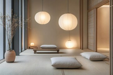 Poster - Modern beige interior design with tatami mats and paper lamps illuminating minimalist room