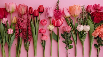 Poster - Row of flowers with different colors and sizes, including pink roses and tulips. The arrangement is on a pink background, creating a vibrant and cheerful atmosphere
