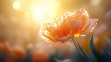 Poster - Single orange flower is the main focus of the image, surrounded by other flowers. The sun is shining brightly, casting a warm glow on the scene