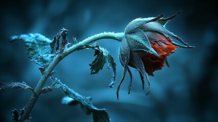 Aufkleber - Single red rose is shown in a blue background. The rose is frosted and he is in a state of decay. Concept of sadness and loss, as the once beautiful flower has wilted
