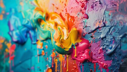 Aufkleber - Vivid Splashes of Color Swirl Together in a Dynamic Dance on a Textured Canvas During a Creative Art Session in Bright Daylight