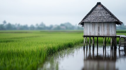 Poster - Small wooden house is sitting on a wooden platform in a field of green grass. The house is surrounded by water, and the grass is tall and lush. The scene has a peaceful and serene mood
