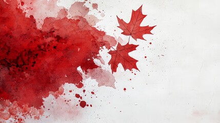 Poster - Splash of red paint on a white background with a leaf in the middle. The red paint and leaf create a sense of chaos and destruction