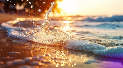 Poster - Splash of water in the ocean at sunset. The water is reflecting the sun and creating a beautiful, serene atmosphere