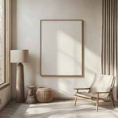 Poster - Bright and Airy Interior Space Showcasing Minimalistic Design With Natural Light Filtering Through Large Windows, Inviting Relaxation and Tranquility in a Serene Atmosphere