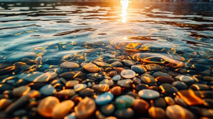 Poster - The water is calm and the sun is setting, creating a beautiful and serene atmosphere. The rocks in the water add a unique texture and depth to the scene