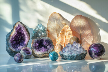 Poster - A mesmerizing collection of amethyst geodes, crystals, and spheres bathed in sunlight, showcasing their vibrant purple and blue hues.