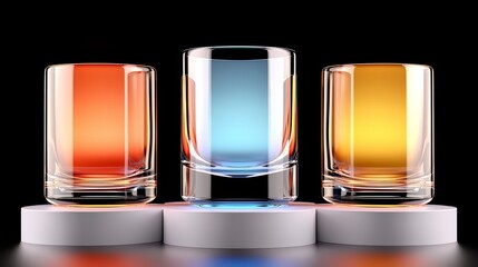 Leinwandbilder - Three glasses of different colors are displayed on a white pedestal. The glasses are arranged in a row, with the middle one being the tallest. The colors of the glasses are red, blue, and yellow