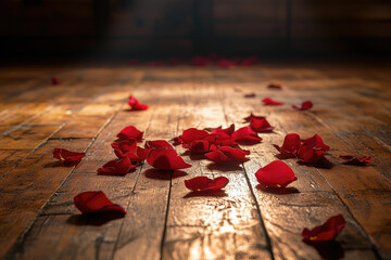 Poster - Scattered red rose petals on a rustic wooden floor, creating a romantic and intimate atmosphere.