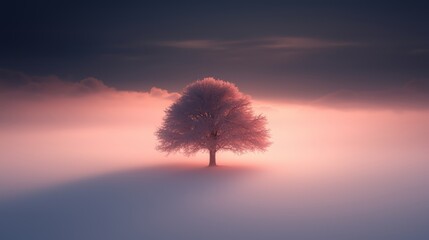 Aufkleber - Tree is standing in the snow with a pink sky in the background. The tree is the only object in the image, and it is surrounded by a foggy atmosphere. Concept of solitude and tranquility