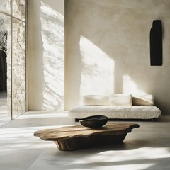 Poster - Natural Light Floods a Serene Minimalist Living Room Featuring a Plush White Sofa and an Organic Wooden Coffee Table, Creating a Tranquil Oasis for Relaxation