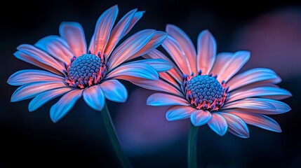 Poster - Two blue and pink flowers are in a dark background. The flowers are very close to each other and are the main focus of the image