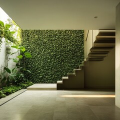 Poster - Harmonious Blend of Nature and Modern Design in a Serene Indoor Space Featuring Lush Greenery and Elegant Stairway