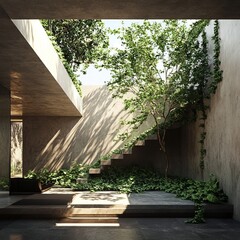 Poster - Sunlit Courtyard Oasis With Lush Greenery and Modern Architecture Creates a Serene Retreat in a Private Home During Midday