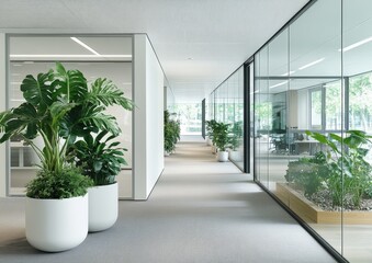 Poster - Modern Office Corridor Filled With Lush Greenery and Bright Natural Light Reflecting a Serene and Productive Atmosphere in a Contemporary Workspace