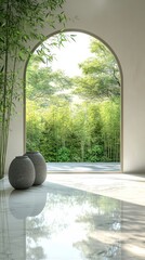 Poster - Serene Indoor Sanctuary With Bamboo Views and Elegant Stone Planters Amidst a Tranquil Green Landscape