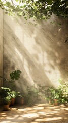 Poster - Sunlight Filtering Through Lush Leaves Creates a Serene Atmosphere in a Tranquil Indoor Garden Surrounded by Soft Shadows and Vibrant Greenery