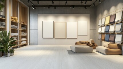 Poster - Creative Workspace Featuring Minimalist Design With Neutral Tones and Cozy Seating for Inspiration and Artistic Expression