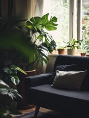 Poster - Cozy Living Room Corner Bathed in Soft Natural Light With Lush Greenery and a Stylish Couch Inviting Relaxation and Connection With Nature During a Peaceful Afternoon