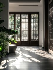 Poster - Serene Modern Hallway With Natural Light and Lush Greenery Invites Tranquility and Peace, Showcasing Elegant Design and Inviting Ambiance