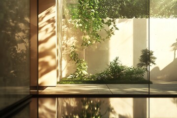 Poster - Shimmering Reflections and Lush Greenery Illuminate a Serene Indoor Garden at Golden Hour With Captivating Light Patterns Dancing Across the Floor