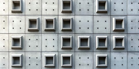 Poster - Wall with many small square openings. The wall is made of concrete and has a gray color. The openings are arranged in a way that creates a pattern, giving the wall a unique