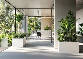 Poster - Modern Office Interior Showcasing Lush Greenery and Open Spaces, Designed to Inspire Creativity and Collaboration in a Sunny, Tranquil Environment