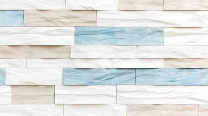 Poster - The wall is made of white and blue bricks, with a blue stripe running down the middle. The bricks are arranged in a pattern that creates a sense of depth and texture