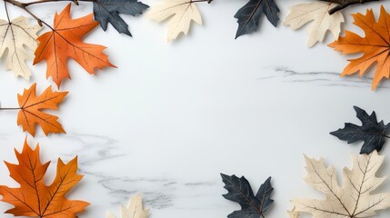 Aufkleber - white background with a frame of autumn leaves. the leaves are orange, black, and white