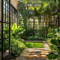Poster - Lush Greenery and Sunlight Filter Through Glass Walls in a Serene Indoor Garden Oasis Surrounded by Vibrant Tropical Plants and Soothing Nature Sounds