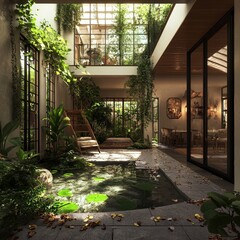Poster - Serene Indoor Garden With Lush Greenery and Tranquil Water Features Creating a Peaceful Retreat From the Outside World