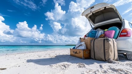 Aufkleber - White car is parked on a beach with luggage in the trunk. The luggage includes a suitcase, a backpack, and a handbag. Concept of relaxation and leisure, as the car owner is likely on vacation
