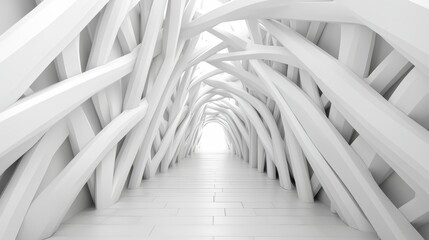 Aufkleber - White room with a long, narrow hallway. The walls are made of white lines and the floor is made of white tiles. The room has a minimalist and modern feel to it