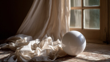 Poster - A white sphere rests on a patterned surface with draped fabric near a window in soft light