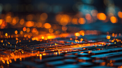 Poster - Abstract background with orange and blue lights creating a futuristic technological landscape