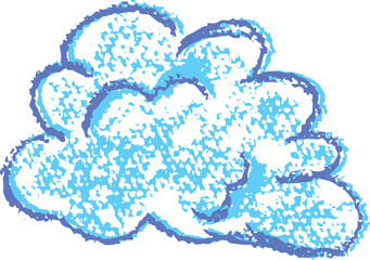 Poster - Crayon cloud icon like kid drawing in kindergarten. Painted with blue charcoal or wax pencil sky sign. Rough chalk texture vector illustration in children style. Cloudy weather symbol. Collage element