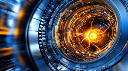Poster - A luminous energy core emits bright plasma and swirling signals within a sleek, high-tech structure. The scene showcases a blend of advanced technology and dynamic energy flow.
