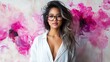 © Raul - Woman poses with floral background wearing glasses and a white unbuttoned shirt.