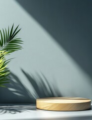 Poster - Play of Light and Shadow With a Wooden Tray and Lush Green Foliage Against a Serene Gray Wall in a Calm Indoor Setting