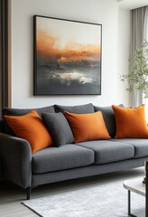 Poster - Stylish Living Room Featuring a Gray Sofa With Orange Cushions and a Beautiful Abstract Painting in a Modern Urban Setting