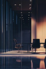 Poster - Elegant Modern Conference Room Bathed in Warm Evening Light Showcasing Sleek Furniture and a Serene Atmosphere for Productive Discussions