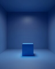 Poster - Vibrant Blue Room With a Solitary Cube Glowing Softly in the Center, Inviting Contemplation and Creativity in a Serene Atmosphere