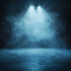 Poster - Mysterious Blue Mist Envelops a Stage Illuminated by Bright Overhead Lights Creating an Atmospheric Setting for a Captivating Performance