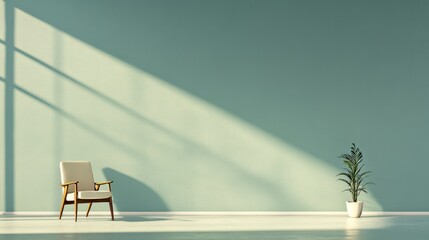 Poster - Bright Sunlight Streams Into a Minimalist Room Highlighting a Modern Chair and a Potted Plant Creating a Serene Ambiance in a Contemporary Setting
