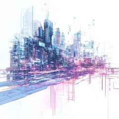 Aufkleber - Futuristic Cityscape With Vibrant Colors and Intricate Lines Highlighted Against a White Background Showcasing Advanced Urban Architecture