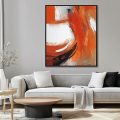 Poster - Vibrant Abstract Art Enhances Modern Living Space With Warm Tones of Orange and Black, Creating a Striking Focal Point in a Stylish Room